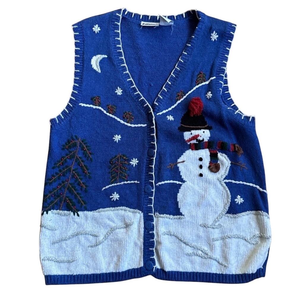 Capacity vintage 1990s blue holiday knit vest embroidered snowman sz M